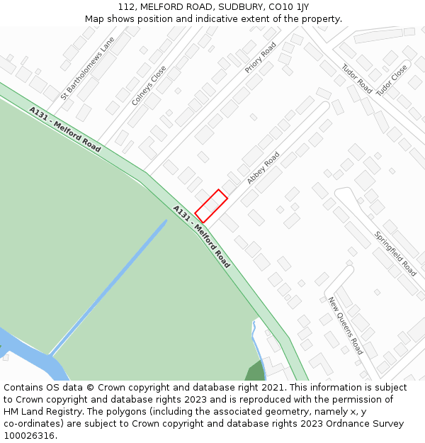 112, MELFORD ROAD, SUDBURY, CO10 1JY: Location map and indicative extent of plot