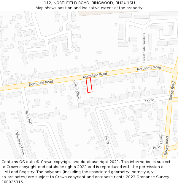 112, NORTHFIELD ROAD, RINGWOOD, BH24 1SU: Location map and indicative extent of plot