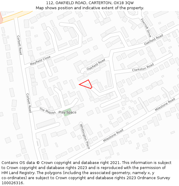 112, OAKFIELD ROAD, CARTERTON, OX18 3QW: Location map and indicative extent of plot