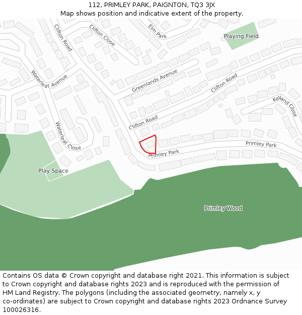 112, PRIMLEY PARK, PAIGNTON, TQ3 3JX: Location map and indicative extent of plot
