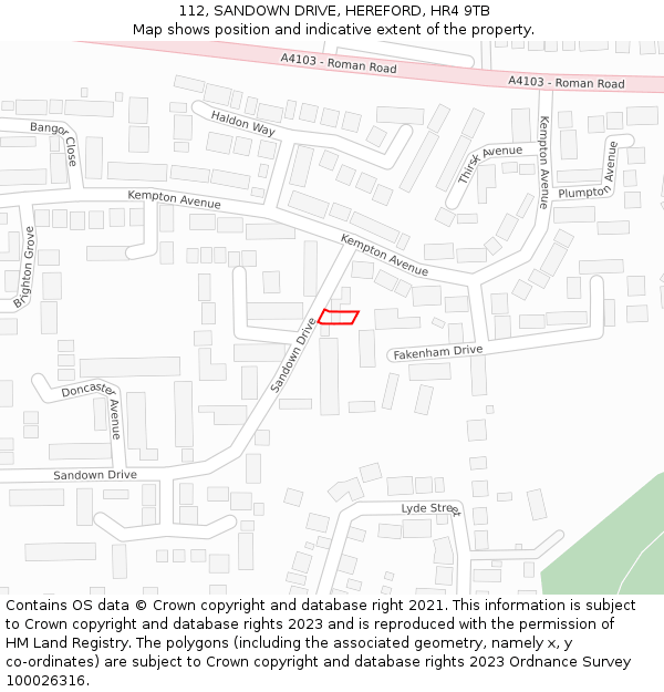 112, SANDOWN DRIVE, HEREFORD, HR4 9TB: Location map and indicative extent of plot