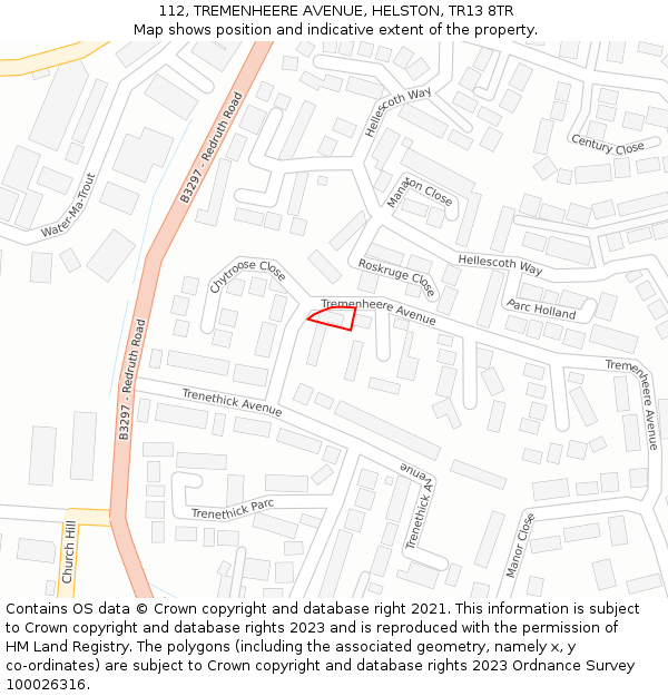 112, TREMENHEERE AVENUE, HELSTON, TR13 8TR: Location map and indicative extent of plot