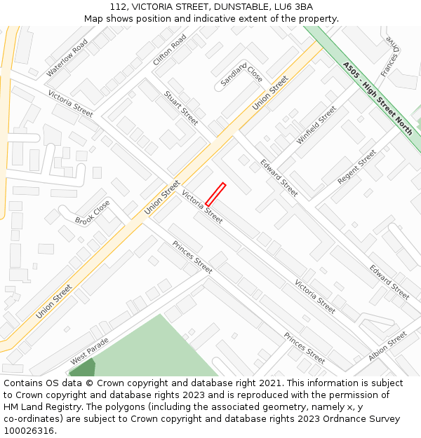 112, VICTORIA STREET, DUNSTABLE, LU6 3BA: Location map and indicative extent of plot