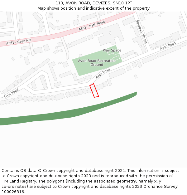 113, AVON ROAD, DEVIZES, SN10 1PT: Location map and indicative extent of plot