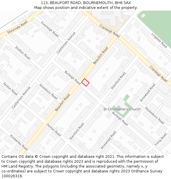 113, BEAUFORT ROAD, BOURNEMOUTH, BH6 5AX: Location map and indicative extent of plot