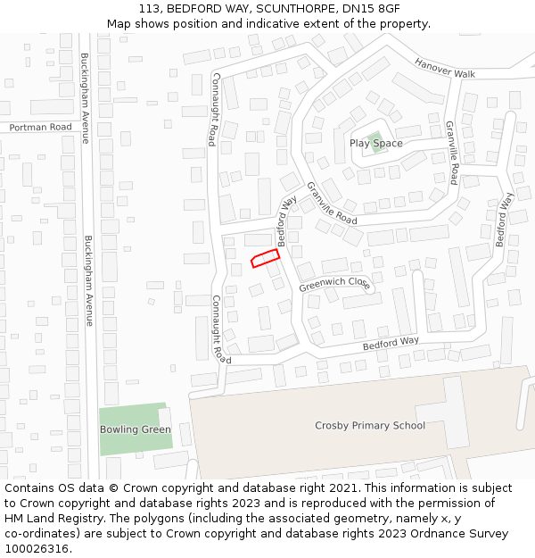 113, BEDFORD WAY, SCUNTHORPE, DN15 8GF: Location map and indicative extent of plot