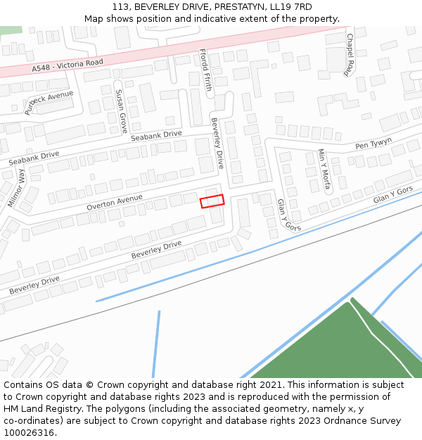 113, BEVERLEY DRIVE, PRESTATYN, LL19 7RD: Location map and indicative extent of plot