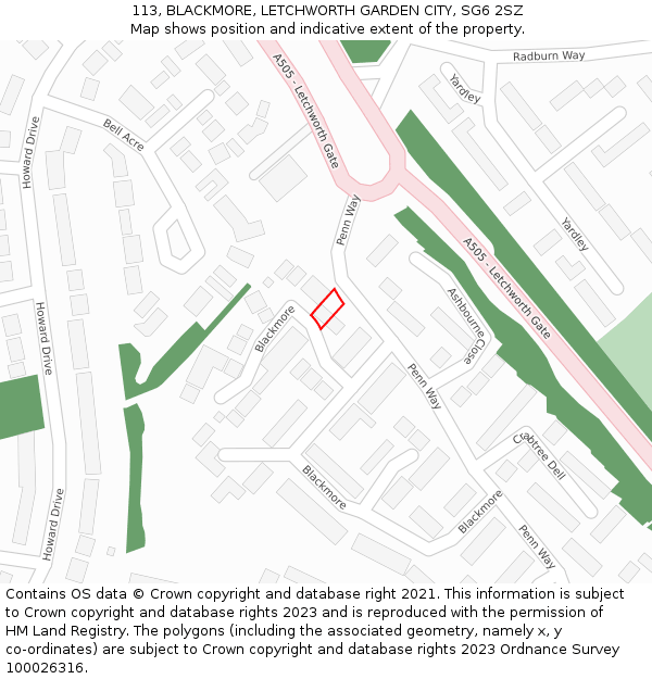 113, BLACKMORE, LETCHWORTH GARDEN CITY, SG6 2SZ: Location map and indicative extent of plot