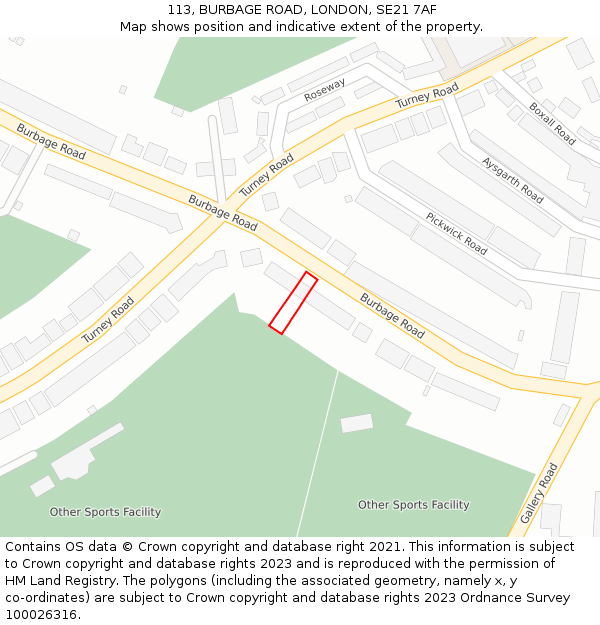 113, BURBAGE ROAD, LONDON, SE21 7AF: Location map and indicative extent of plot