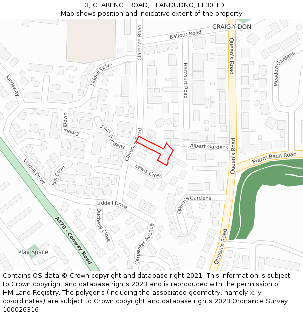 113, CLARENCE ROAD, LLANDUDNO, LL30 1DT: Location map and indicative extent of plot