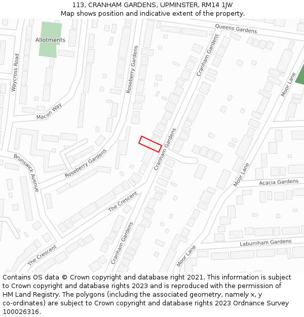 113, CRANHAM GARDENS, UPMINSTER, RM14 1JW: Location map and indicative extent of plot