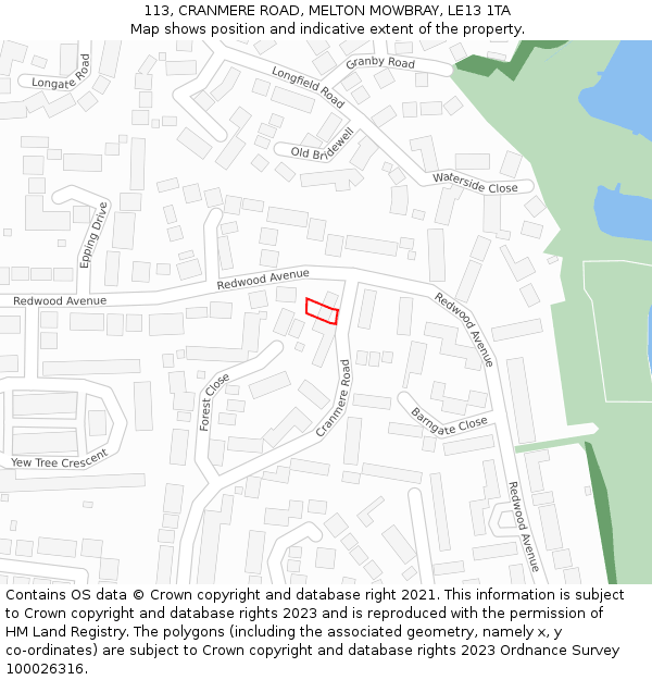 113, CRANMERE ROAD, MELTON MOWBRAY, LE13 1TA: Location map and indicative extent of plot