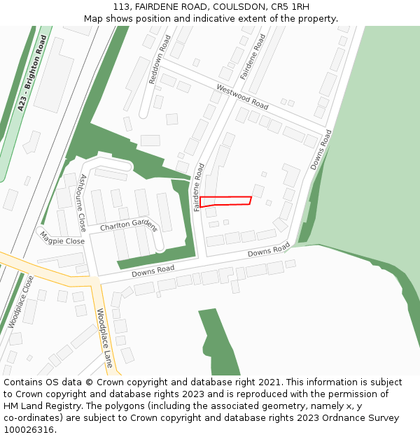 113, FAIRDENE ROAD, COULSDON, CR5 1RH: Location map and indicative extent of plot