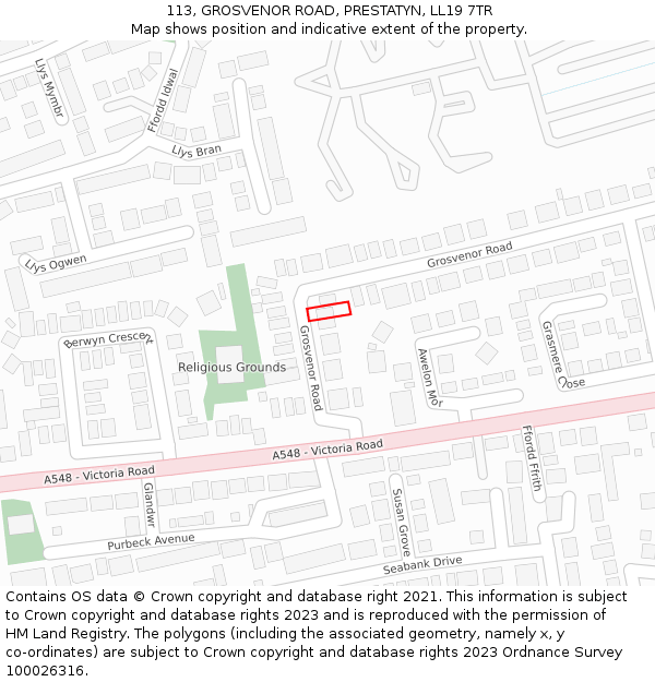 113, GROSVENOR ROAD, PRESTATYN, LL19 7TR: Location map and indicative extent of plot