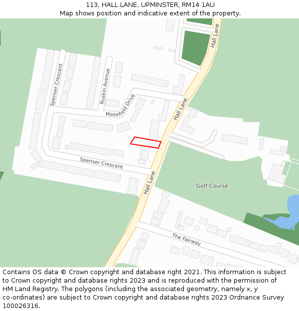 113, HALL LANE, UPMINSTER, RM14 1AU: Location map and indicative extent of plot