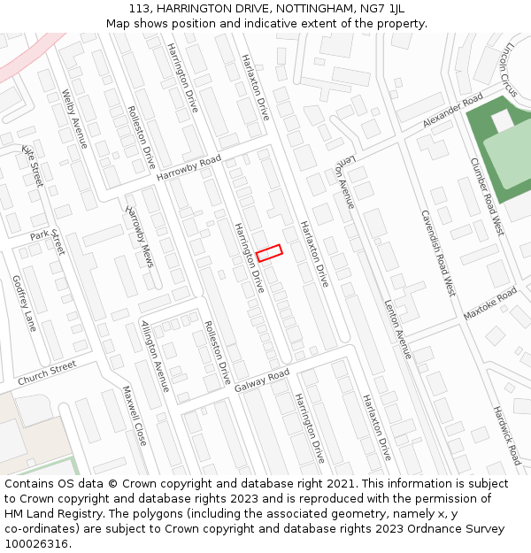 113, HARRINGTON DRIVE, NOTTINGHAM, NG7 1JL: Location map and indicative extent of plot