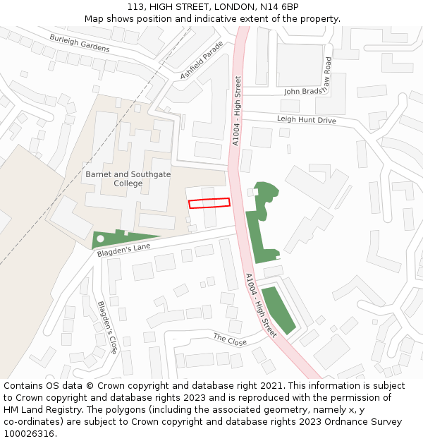 113, HIGH STREET, LONDON, N14 6BP: Location map and indicative extent of plot