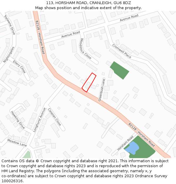 113, HORSHAM ROAD, CRANLEIGH, GU6 8DZ: Location map and indicative extent of plot