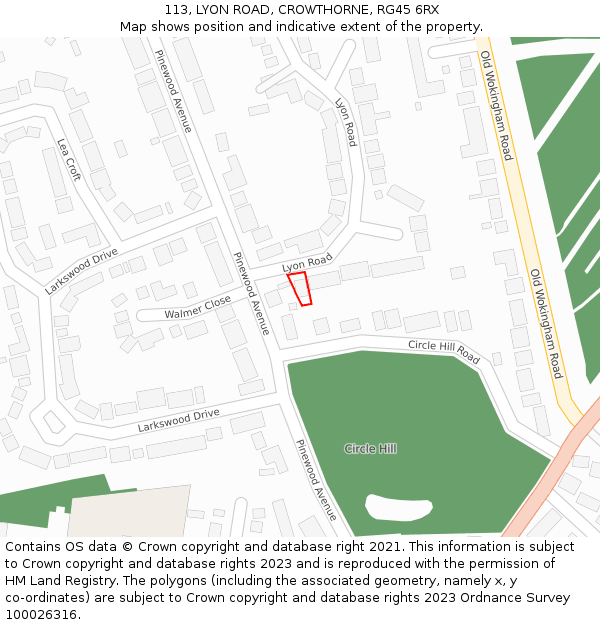 113, LYON ROAD, CROWTHORNE, RG45 6RX: Location map and indicative extent of plot
