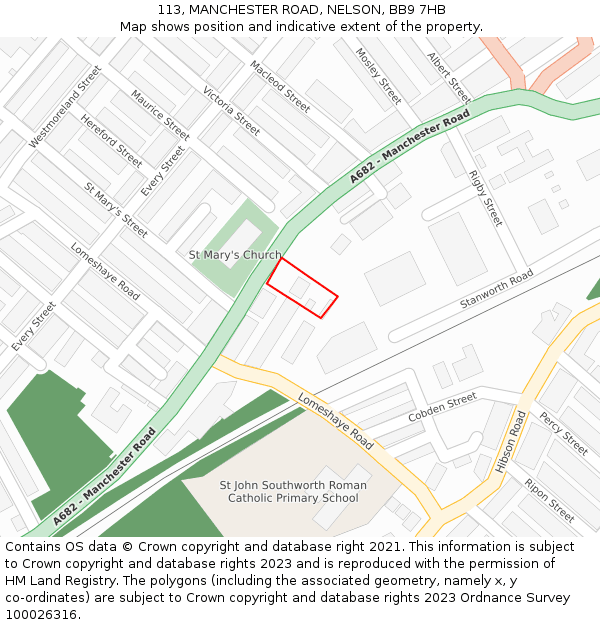 113, MANCHESTER ROAD, NELSON, BB9 7HB: Location map and indicative extent of plot