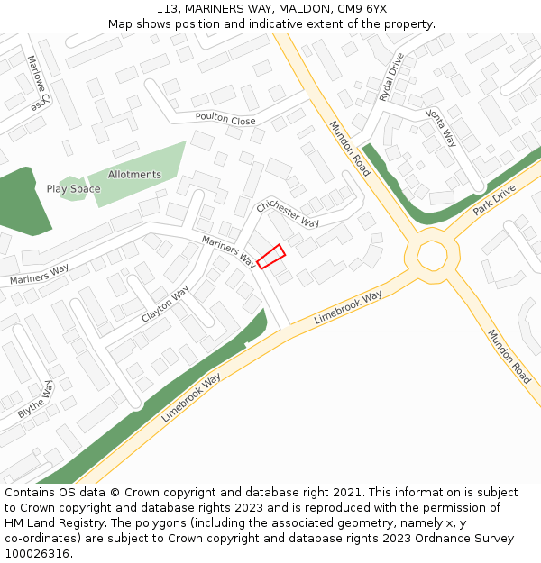 113, MARINERS WAY, MALDON, CM9 6YX: Location map and indicative extent of plot