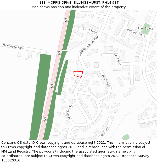 113, MORRIS DRIVE, BILLINGSHURST, RH14 9ST: Location map and indicative extent of plot