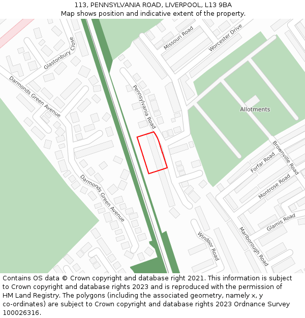 113, PENNSYLVANIA ROAD, LIVERPOOL, L13 9BA: Location map and indicative extent of plot