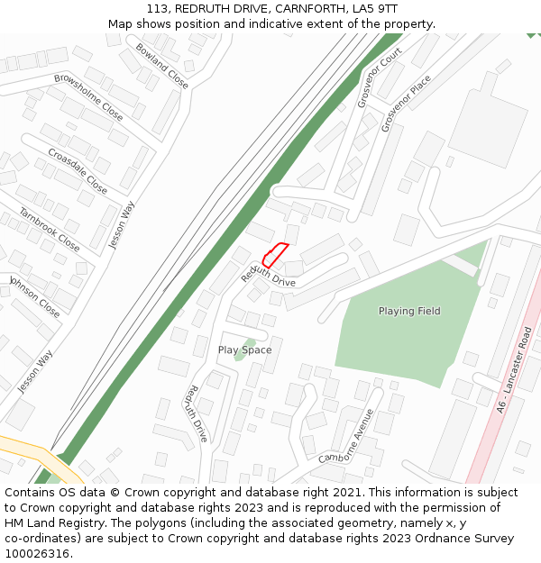 113, REDRUTH DRIVE, CARNFORTH, LA5 9TT: Location map and indicative extent of plot