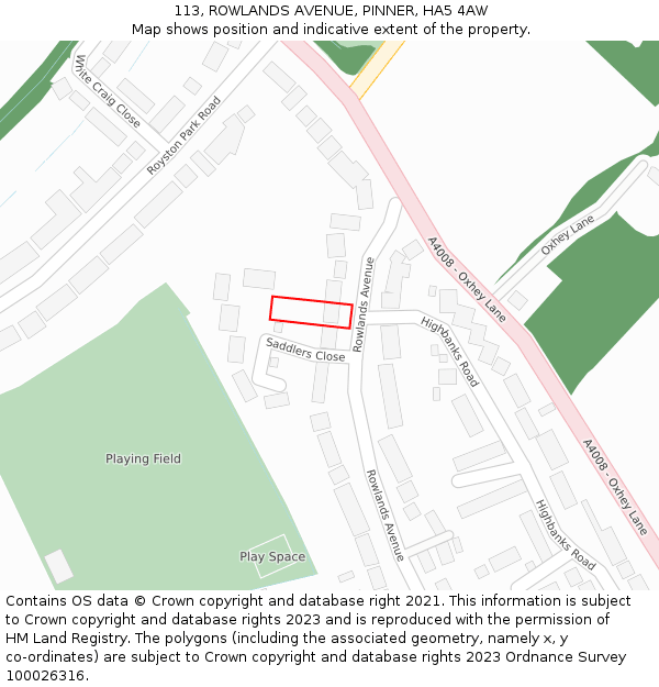 113, ROWLANDS AVENUE, PINNER, HA5 4AW: Location map and indicative extent of plot
