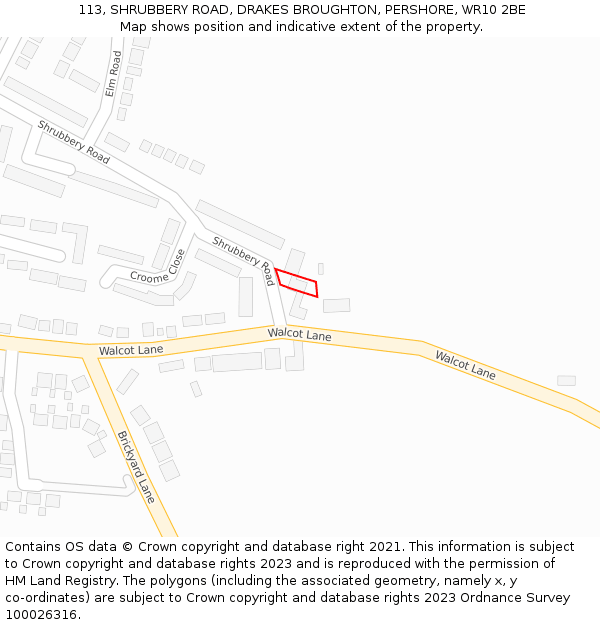 113, SHRUBBERY ROAD, DRAKES BROUGHTON, PERSHORE, WR10 2BE: Location map and indicative extent of plot