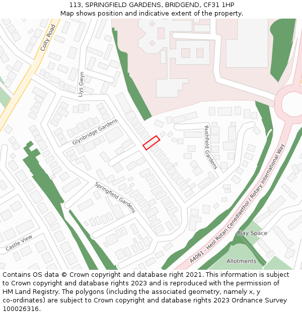 113, SPRINGFIELD GARDENS, BRIDGEND, CF31 1HP: Location map and indicative extent of plot