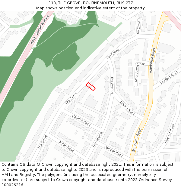 113, THE GROVE, BOURNEMOUTH, BH9 2TZ: Location map and indicative extent of plot