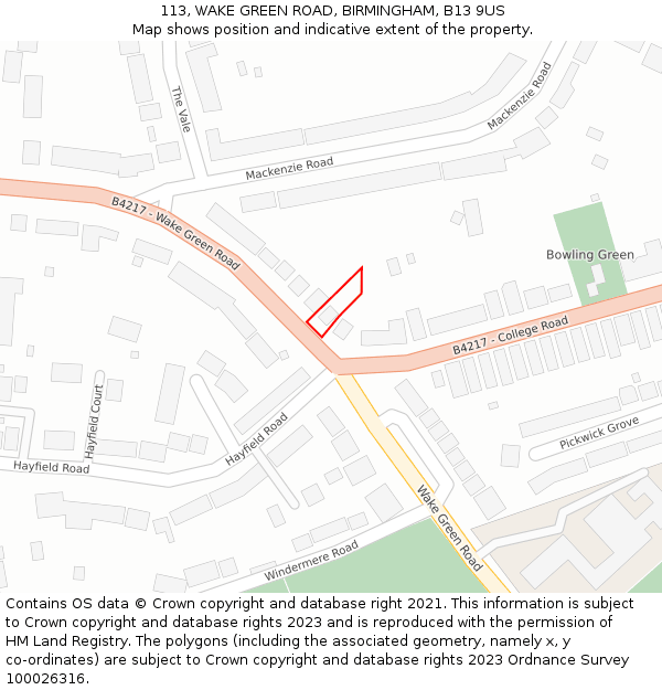 113, WAKE GREEN ROAD, BIRMINGHAM, B13 9US: Location map and indicative extent of plot
