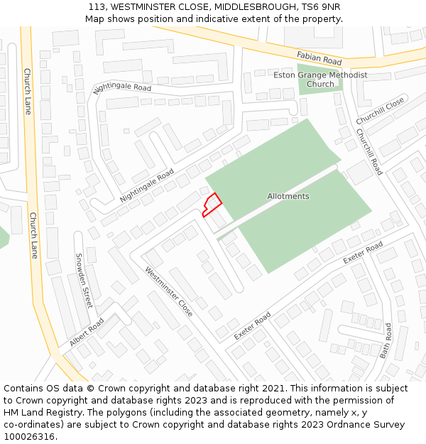 113, WESTMINSTER CLOSE, MIDDLESBROUGH, TS6 9NR: Location map and indicative extent of plot