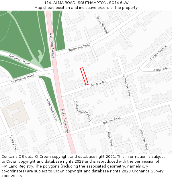 114, ALMA ROAD, SOUTHAMPTON, SO14 6UW: Location map and indicative extent of plot