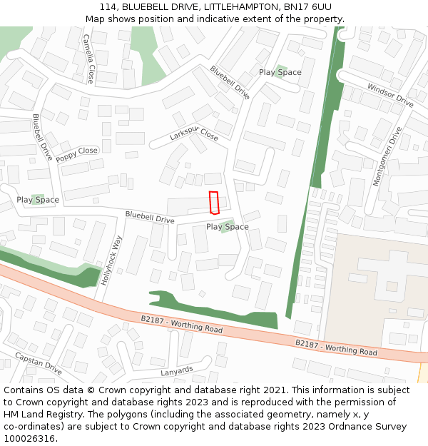 114, BLUEBELL DRIVE, LITTLEHAMPTON, BN17 6UU: Location map and indicative extent of plot