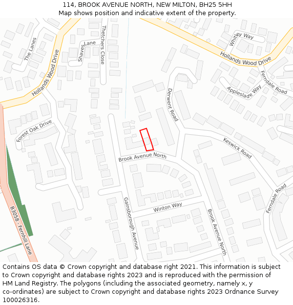 114, BROOK AVENUE NORTH, NEW MILTON, BH25 5HH: Location map and indicative extent of plot