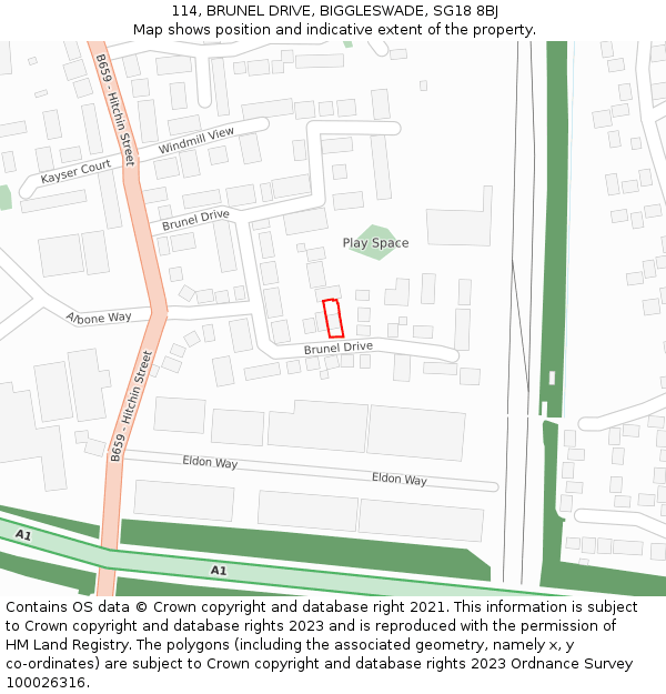 114, BRUNEL DRIVE, BIGGLESWADE, SG18 8BJ: Location map and indicative extent of plot