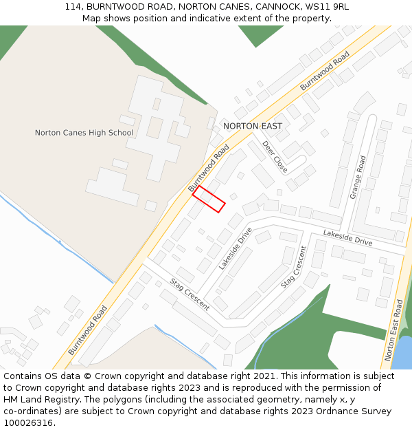 114, BURNTWOOD ROAD, NORTON CANES, CANNOCK, WS11 9RL: Location map and indicative extent of plot