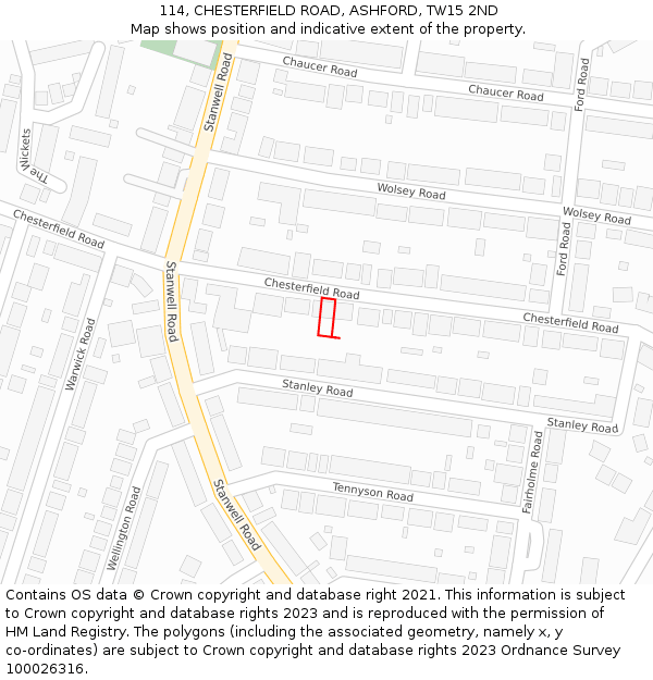 114, CHESTERFIELD ROAD, ASHFORD, TW15 2ND: Location map and indicative extent of plot
