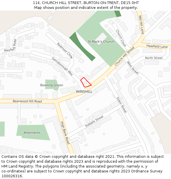 114, CHURCH HILL STREET, BURTON-ON-TRENT, DE15 0HT: Location map and indicative extent of plot
