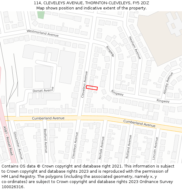 114, CLEVELEYS AVENUE, THORNTON-CLEVELEYS, FY5 2DZ: Location map and indicative extent of plot
