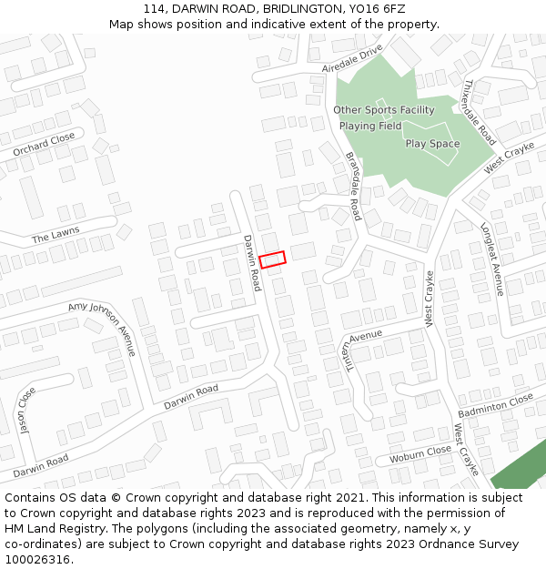 114, DARWIN ROAD, BRIDLINGTON, YO16 6FZ: Location map and indicative extent of plot