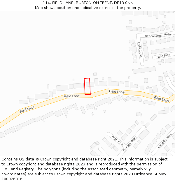 114, FIELD LANE, BURTON-ON-TRENT, DE13 0NN: Location map and indicative extent of plot