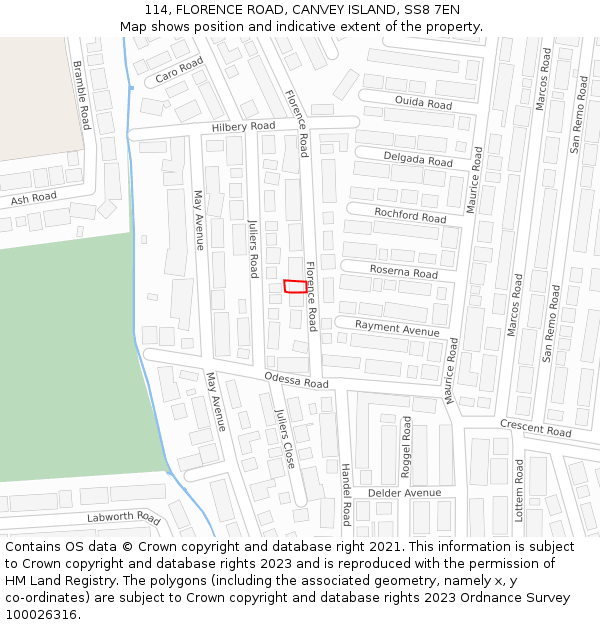 114, FLORENCE ROAD, CANVEY ISLAND, SS8 7EN: Location map and indicative extent of plot