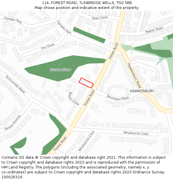 114, FOREST ROAD, TUNBRIDGE WELLS, TN2 5BE: Location map and indicative extent of plot