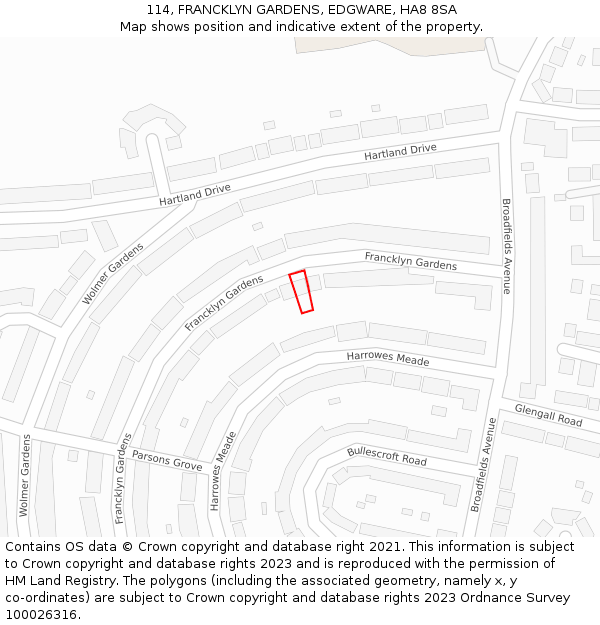 114, FRANCKLYN GARDENS, EDGWARE, HA8 8SA: Location map and indicative extent of plot