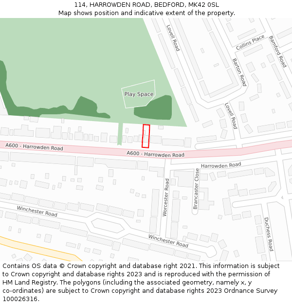 114, HARROWDEN ROAD, BEDFORD, MK42 0SL: Location map and indicative extent of plot