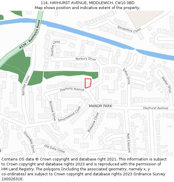 114, HAYHURST AVENUE, MIDDLEWICH, CW10 0BD: Location map and indicative extent of plot