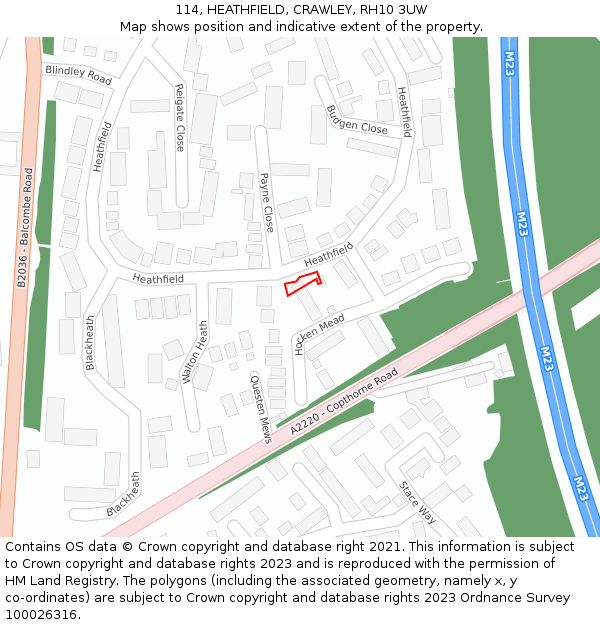 114, HEATHFIELD, CRAWLEY, RH10 3UW: Location map and indicative extent of plot